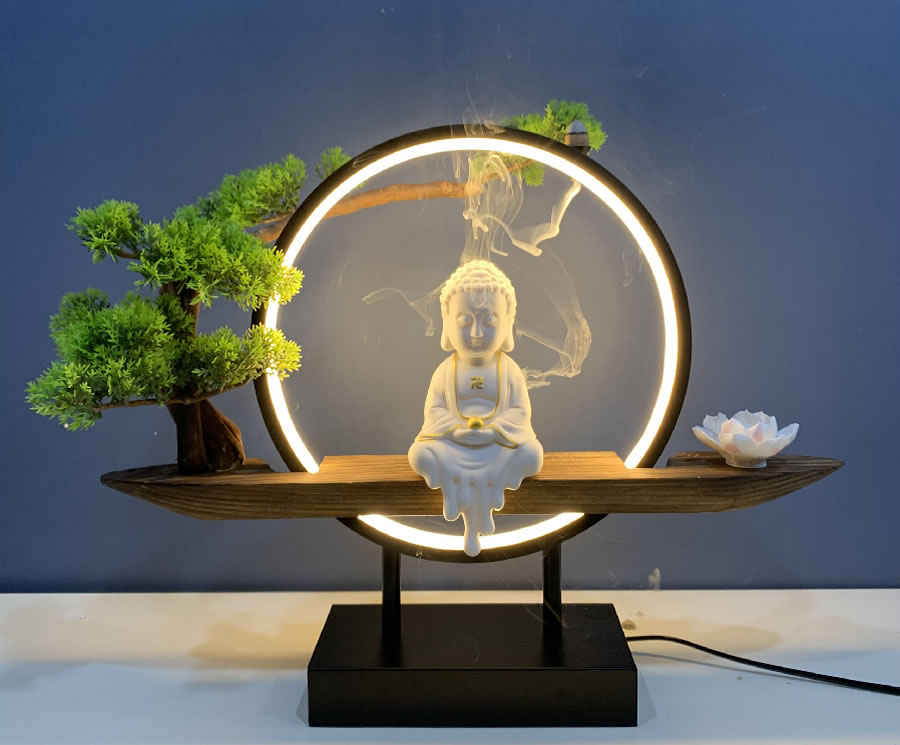 Tượng Phật Bà Quan Âm vòng đèn LED sáng đốt trầm hương